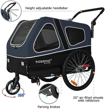 DOGGYHUT® S-Line XL Pet Bike Trailer & Stroller for Large Dogs Up to 100 lbs, Folding Dog Cart with Shock-Absorbing Suspension Wheels, Low Center of Gravity, Parking Brakes