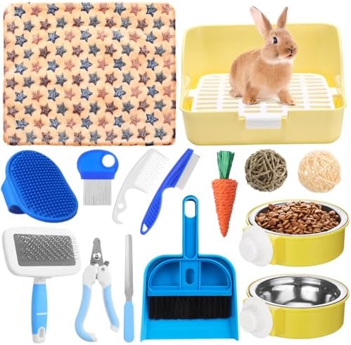 Reallnaive 15 Pcs Rabbit Starter Kit Small Rabbit Litter Box Girls Gift Animal Grooming Kit Bunny Toys Bowl Blankets with Cleaning Set for Guinea Pig Accessories(Blue)