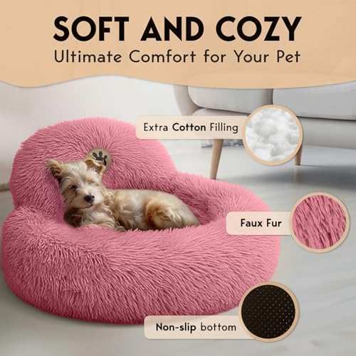 PetJett Calming Dog Bed for Small Dogs – 23" Donut Dog Beds, Anti-Slip & Washable Fluffy Plush Faux Fur Pet Bed, Anti-Anxiety Premium Comfort Round Puppy Bed, Fits Dogs up to 25 lbs – Pink