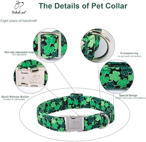 St. Patrick's Day Dog Collar, Lucky Clover Dog Collars, Adjustable Heavy Duty Irish Festive Pet Collar for Small Medium Large Dogs with Metal Buckle XS