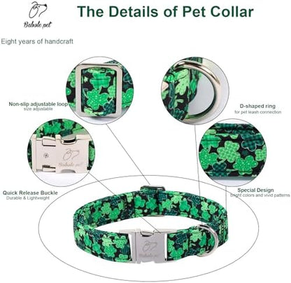St. Patrick's Day Dog Collar, Lucky Clover Dog Collars, Adjustable Heavy Duty Irish Festive Pet Collar for Small Medium Large Dogs with Metal Buckle XL