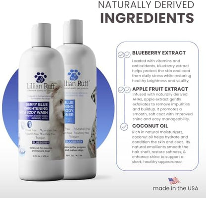 Lillian Ruff PRO Formula Berry Blue Brightening Dog Shampoo & Conditioner Set - Professional Show-Quality Whitening, Stain & Odor Eliminator, Hydrating Relief for Dry Skin, ProVitamin B5, USA Made