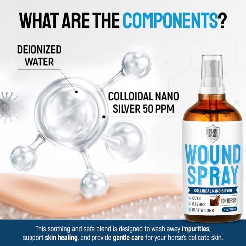 Horse Wound Care Spray with Silver – for Insect & Fly Bites, Hot Spots, Scratches & Itchy Skin – Supports Quick Healing of Cuts, Abrasions & Rain Rot Treatment for Horses – Equine Healing Aid – 4 Oz