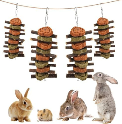Rabbit Chew Toy,Bunny Chew Toys for Teeth Grinding,Natural Apple Branch Teething Sticks with Hay Grass Cake Improve Dental Health Bunny Hanging Chew Toys for Rabbits,Chinchillas,Hamster (4 Pcs)