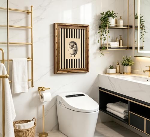 Vintage Gold Framed Funny Bathroom Wall Art, Hedgehog Holding Toilet Paper Canvas Print, Black and White Striped Funny Animal Sketch Wall Decor, Antique Rustic Farmhouse Poster Artwork for Restroom