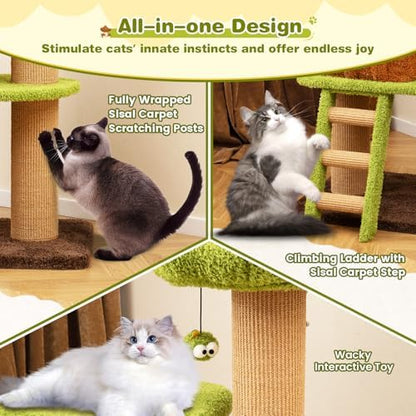 PETSITE 56-inch Forest-Themed Cat Tree, Multi-Level Cat Tower with 2 Cute Condos, Climbing Ladder, Teasing Ball, Sisal Posts, and Removable Cushion, Modern Cute Cat Tree for Indoor Cats