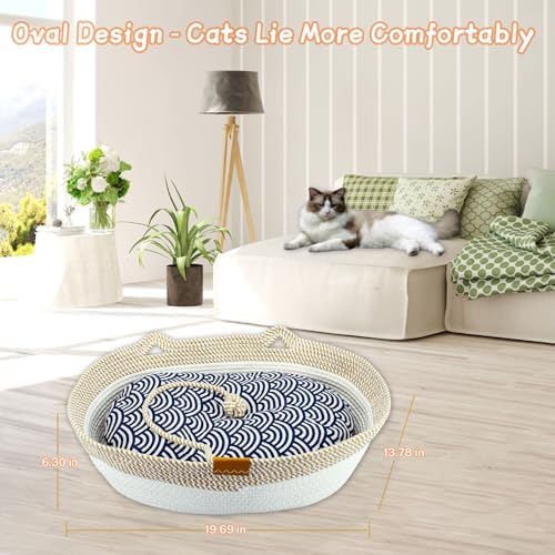 Cat Rope Basket, Oval Cotton Bed with Dual Seasonal Mats