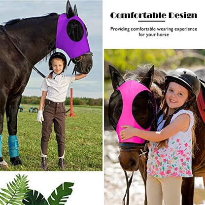 Weewooday 2 Pcs Horse Fly Mask with Ears, Soft Stretchy Horses Face Masks for Flies, Breathable Mesh Eye Cover, UV Protection Horse Masks for Pasture, Barn, Turnout(M,Purple, Pink)