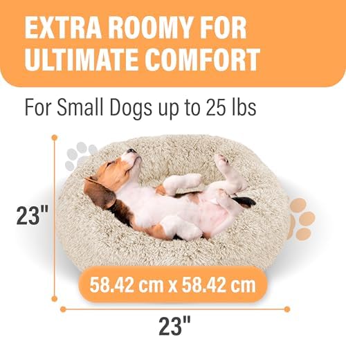 Active Pets Premium Small Donut Dog Bed, Fits Up to 45 lbs, Machine Washable Cushion, Plush Long Pile Faux Fur Fabric, Portable Beige Pet Bed Furniture for Puppies Adult Canines & Cats