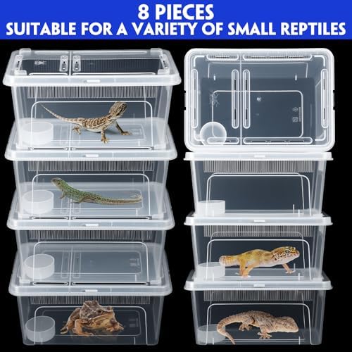Irenare 8 Pcs Reptile Breeding Box Plastic Spider Terrarium Tarantula Feeding Box for Bearded Dragon Lizard Spider Gecko Scorpion(Vent Strips,Clear,10.6 x 7.4 x 4.7 Inch)