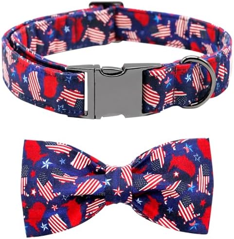 Dog Collar, 4 of July Independence Day American Flag Dog Bow Collar Boy Soft Pet Collar Bowtie Duarble Puppy Collars for Small Medium Large Dog