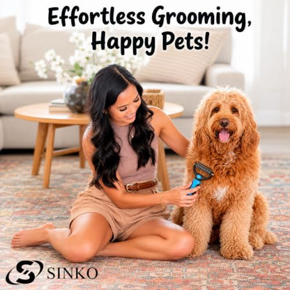 Sinko Shedding Brush For Dog and Cat, Undercoat Rake with Extra Wide Double-Sided Stainless Teeth for Detangling, Deshedding, Brushing & Removing Shed Fur, Knots, Mats, and Tangles in Pets (Blue)