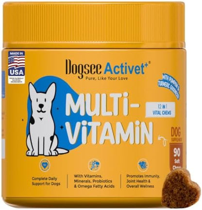 Dogsee Activet+ Dog 12 in 1 Multivitamin Supplement Chews, with Vitamins, Minerals, Probiotics, Omega 3 & Glucosamine for Overall Dog Health, Chicken Flavor – 90 Chews