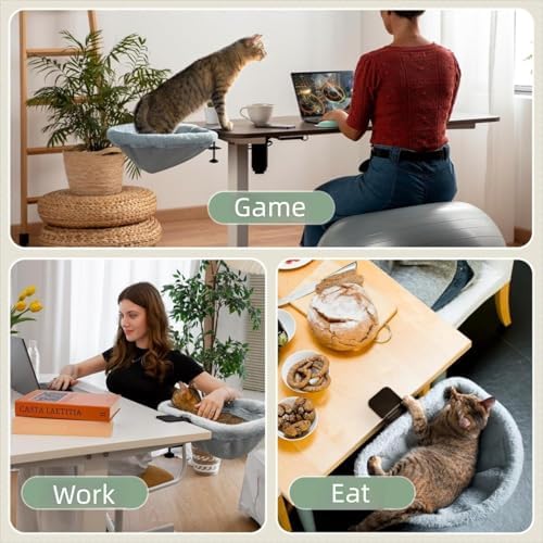 Adjustable Cat Desk Bed, 40cm Round Elevated Cat Hammock with Sturdy Metal Frame, Removable Plush Cushion, Cats Desks Hammock Cats Desk Perch for Home Office Desk
