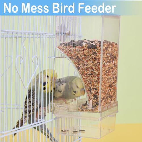 Bird Parrot Feeders, No Mess Automatic Cage Feeder Dispenser Food Container, Auto Bird Seed Bowl for Small Medium Birds, Cockatiel Canary Cockatoos Parakeet Conure Lovebird, Acrylic Clear (Feeder)
