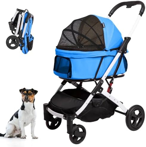 Pet Stroller for Small Dogs and Cats, 33 lb, One-Hand Fold, Blue