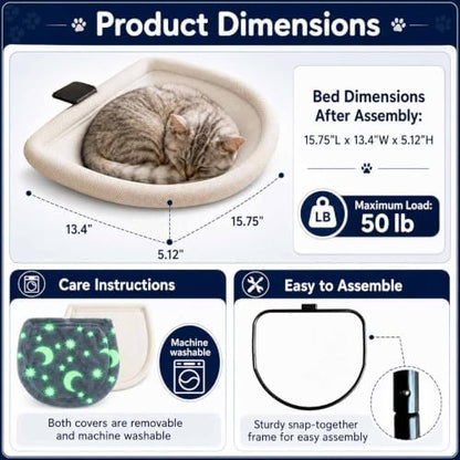 Cat Desk Bed with 2 Covers - Glow in the Dark Plush & Breathable Mesh, Foldable Cat Hammock Perch with Larger Contact Clamp, Removable Washable Covers, Metal Frame, Grey, 50 lb Weight Capacity