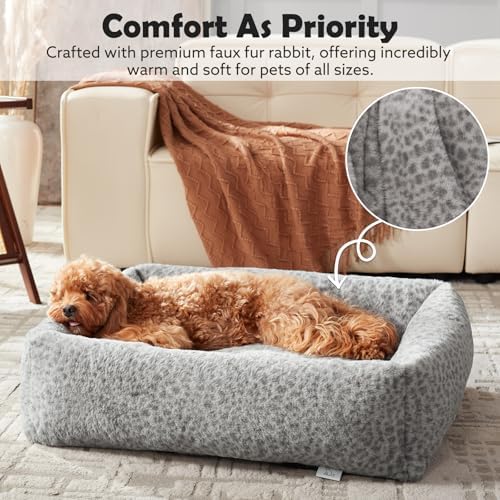 JOEJOY XL Dog Beds Large Sized Dog, Removable Washable Cover Orthopedic Soft Faux Rabbit Fur Pet Bed, Anti-Slip Fluffy Plush Faux Rabbit Fur Puppy Bed, 42"x36"x9", Leopard Print, Grey