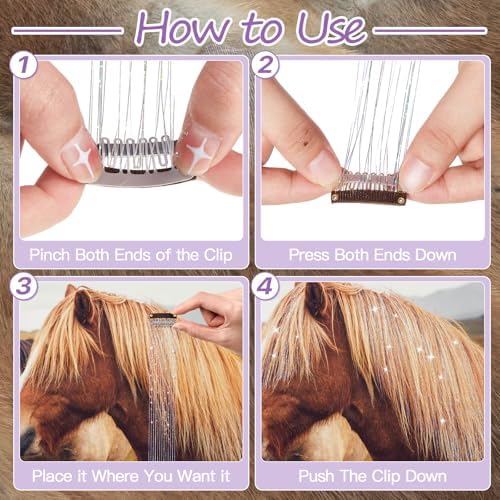 Juexica 18Pcs Horse Bling Accessories Clip in Hair Extension, Silver