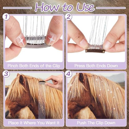 Juexica 18Pcs Horse Bling Accessories Clip in Hair Extension, Silver