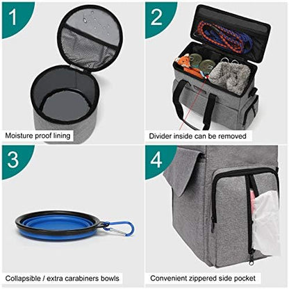 Modoker Weekend Dog Travel Bag Set with 2 Food Bags, 2 Bowls and Mat, Grey