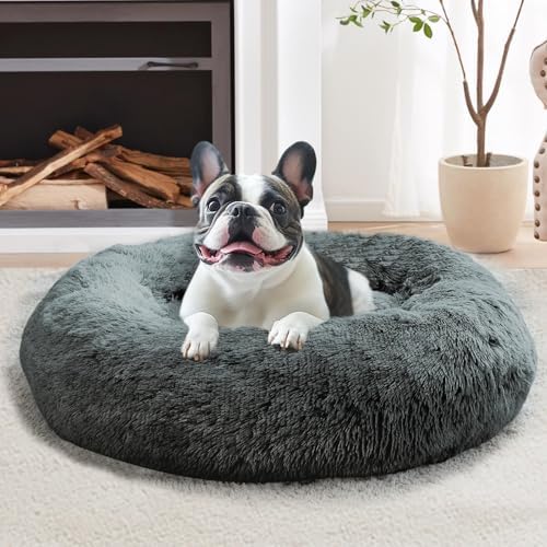 JOLLYVOGUE Calming Dog Bed for Small Dogs - 23 inches Donut Washable Small Dog Bed for Kittens & Puppies, Anti-Slip Round Fluffy Plush Faux Fur Cat Beds (Fits up to 25 lbs Pets, Navy Grey)