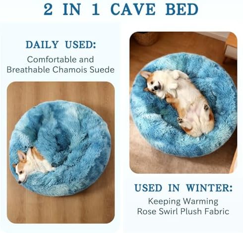 NOYAL Calming Donut Dog Bed, Hooded Cave with Blanket