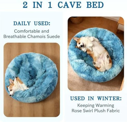 NOYAL Calming Donut Dog Bed, Hooded Cave with Blanket