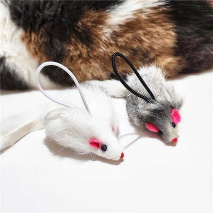 Real Rabbit Fur Interactive Cat Toy Mouse, 5.5" Extra Large Durable Squeaky Toys with Long Tail, Crinkle Sound & Hanging Rope, Self-Play Toys for Indoor Cats (5 Pack Grey/White Color)