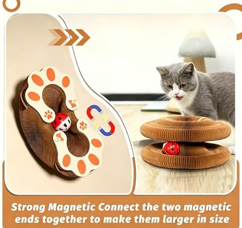 Kitty Curls Cat Toy, Magnetic Magic Organ Cat Scratch Board, Foldable Cat Accordion Toy, Interactive Track Scratcher Pad with Toy Catnip Bell, Durable Eco-Friendly Ring for Play, Chase & Scratch