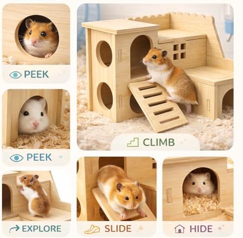 Tiny Hamster Maze Wood House Fun Slide House Double-Decker Hut for Dwarf Gerbil Mouse Mice Rat Small Animals(Only for Small Hamster)