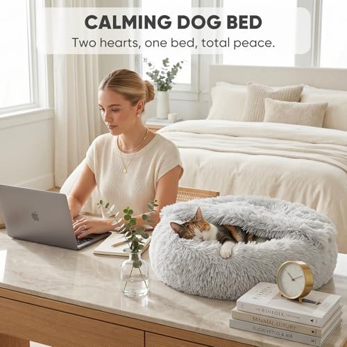 Himax Small Cat & Dog Bed with Cover, Calming Dog Bed for Small Dogs,Anti-Anxiety Donut Dog Bed with Attached Blanket,Washable Round Fluffy Pet Bed (20"/26"/35"), Light Grey