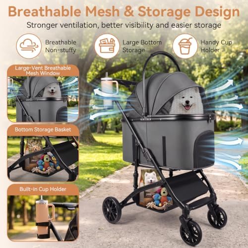 Heavy Duty Pet Stroller, 3-in-1 Dog & Cat Stroller with Detachable Carrier & Car Seat, 132 lbs Capacity for 1 Large/2 Medium Pets, Aluminum Alloy Frame, Shock Absorption, One-Touch Dual Brake, Grey