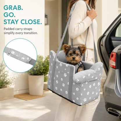 Center Console Dog Car Booster Seat for Small Dogs 0-15 lbs - Grey Pet Travel Carrier Safety Leash, Detachable Seat Belt & Storage Pockets