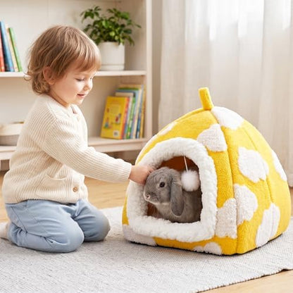 Guinea Pig Hideout Cave Cute Yellow Cloud Warm Fleece Bed for Small Animals Enclosed Bunny Tent Hut with Hanging Toy Washable Pet House for Dwarf Rabbit Chinchilla Ferret (Yellow)