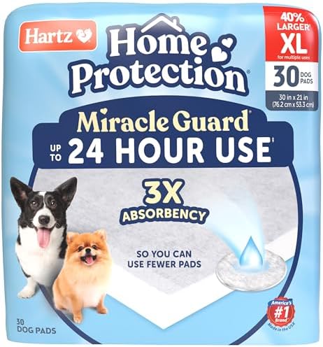 Hartz Miracle Guard Dog and Puppy Dog Pads Max Absorbency 24 Hour Use Odor Eliminating No Leaks, X-Large Size 30 Count
