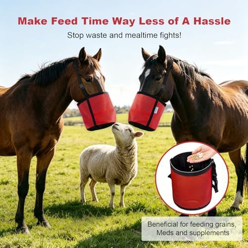 Horse Feed Bag for Grain Pack of 1, Breathable Muzzle Feed Bags for Horses, Universal Mesh Feedbag for Feeding Grain, Anti-Spill Design Feeder, Durable Nose Bag with Solid Bottom (Red)