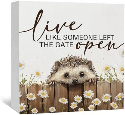 Hedgehog Wooden Box Sign -Rustic Farmhouse Live Like Someone Left the Gate Open Signs for Home Decor, Farm Cottagecore Animal Office Kitchen Bedroom Decor, Hedgehog Gifts for Women, 5x5