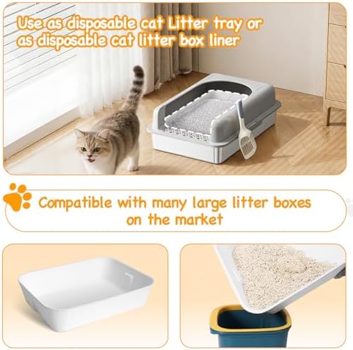 Disposable Litter Boxes for Cats, Durable and Water Resistant, Sustainable Large Disposable Litter Box, Disposable Cat Litter Boxes for Indoor/Travel Use, Standalone or as Liner (White, Large 5-Pack)