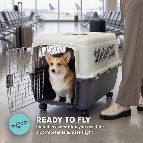 SportPet Airline Compliant MEDIUM 26.5" Travel Dog Kennel-Durable Plastic Airline Pet Carrier w/Removable Wheels & Food Bowls, Collapsible Indoor/Outdoor Dog Kennel, Dogs up to 23"L & 15"H-Cream/Gray