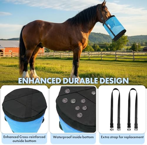 Horse Feed Bag Pack of 2 (Reinforced Bottom Edging), Feed Bags for Horses with Ventilation Mesh, Comfort Nose Pad Neck Pad, Adjustable Strap, Spill Proof Design for Feeding Grain, Supplements