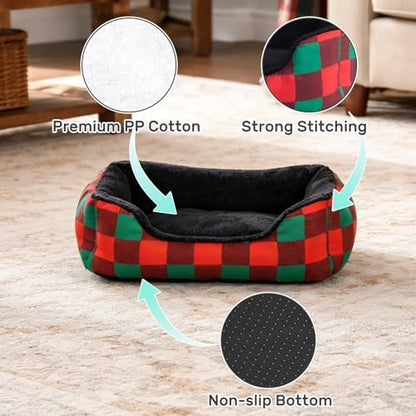 Hollypet Printed Flannel Rectangle Plush Dog Cat Bed Self-Warming Pet Bed, Christmas Red and Green Check
