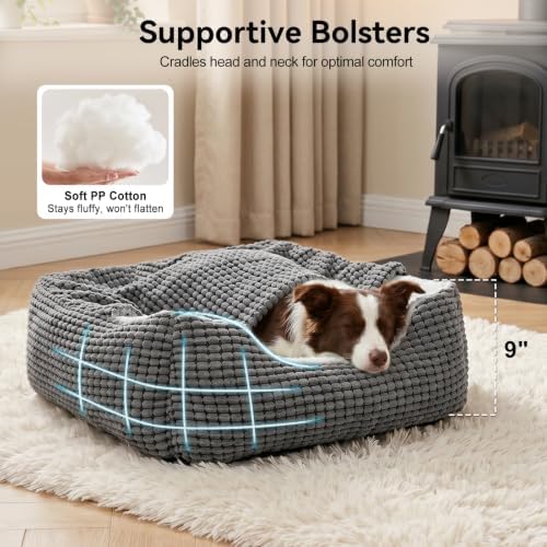 GASUR Dog Beds for Large Medium Small Dogs, Rectangle Cave Hooded Blanket Puppy Bed, Luxury Anti-Anxiety Orthopedic Cat Beds for Indoor Cats, Warmth and Machine Washable (35 inches, Grey)