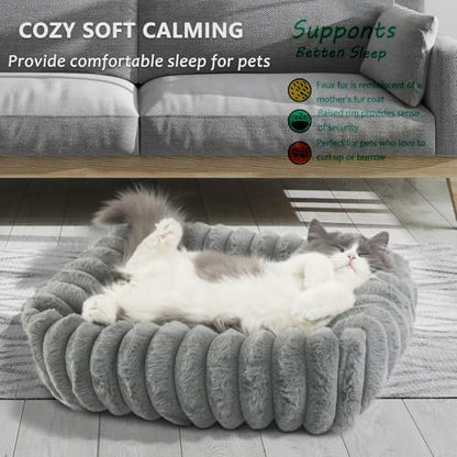 Small Cat Beds for Indoor Cats Washable Furry Kitten Beds with Sides,Rectangle Orthopedic Soft Calming Comfy Sleeping Extra Small Pet Beds for Cats Dogs Puppy,18x14x4 Inch,Warm Grey