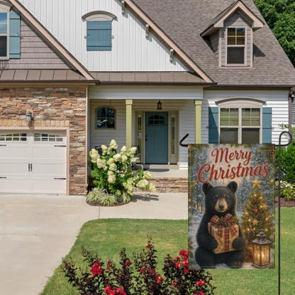Christmas Black Bear House Flag 28x40 Inch Merry Holiday Cub Gift Tree Lantern Snowy Forest Rustic Farmhouse Outdoor Yard Lawn Porch Double Sided Banner Winter Welcome Decor