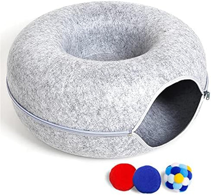 Large Cat Tunnel Bed for Indoor Cats with 3 Toys, Scratch Resistant Donut Cat Bed, Up to 30 Lbs (L 24x24x11, Light Grey)