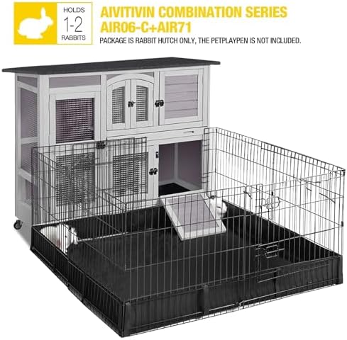 Aivituvin Two Story Rabbit Hutch Bunny Cage with Wheels, Indoor Outdoor Guinea Pig Cage with 2 Deep No Leak Tray