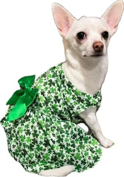 St. Patrick's Day Dog Costume Dress M – Lucky Clover and Horseshoe Design with Green Bow, Pet Outfit for 8-9 lbs Dogs and Cats, Holiday Party Clothes