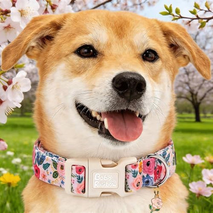 Spring Light Pink Floral Print Dog Collar for Medium Dogs