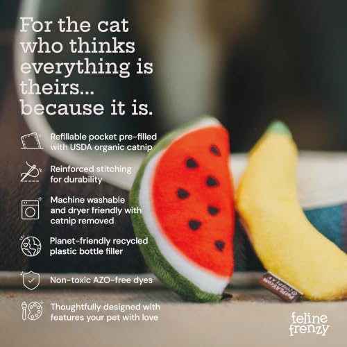 P.L.A.Y. Cute Cat Toys - Feline Frenzy Fruit Food Themed Organic Catnip Filled Toy, Great for Adult Cats and Kittens - Machine Washable, Recycled Materials, Crinkles (Tutti Fur-utti, Set of 2)